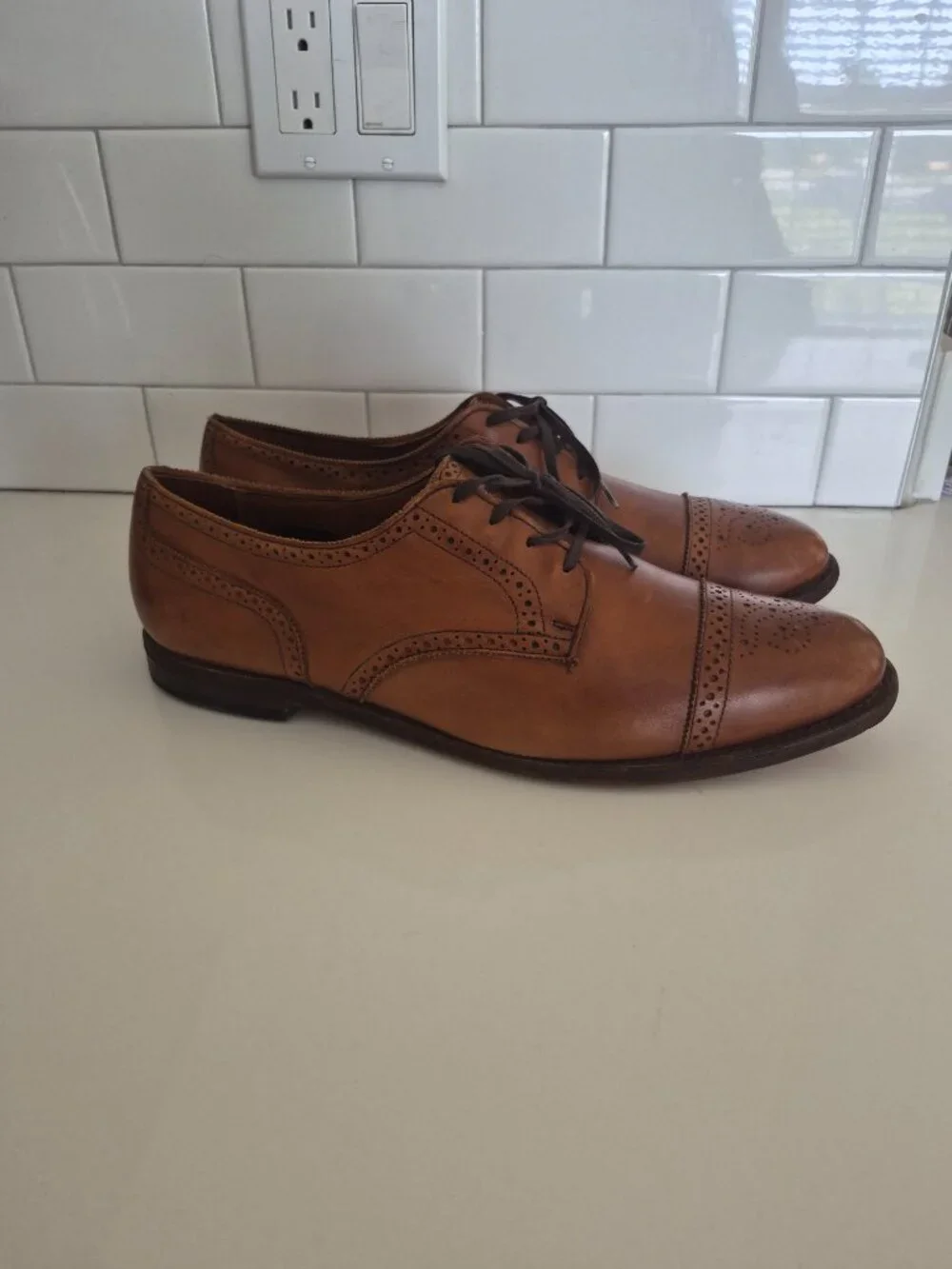 Allen Edmonds Sanford Dress Shoes Brown Leather Cap Toe Brogue Blucher 14 D